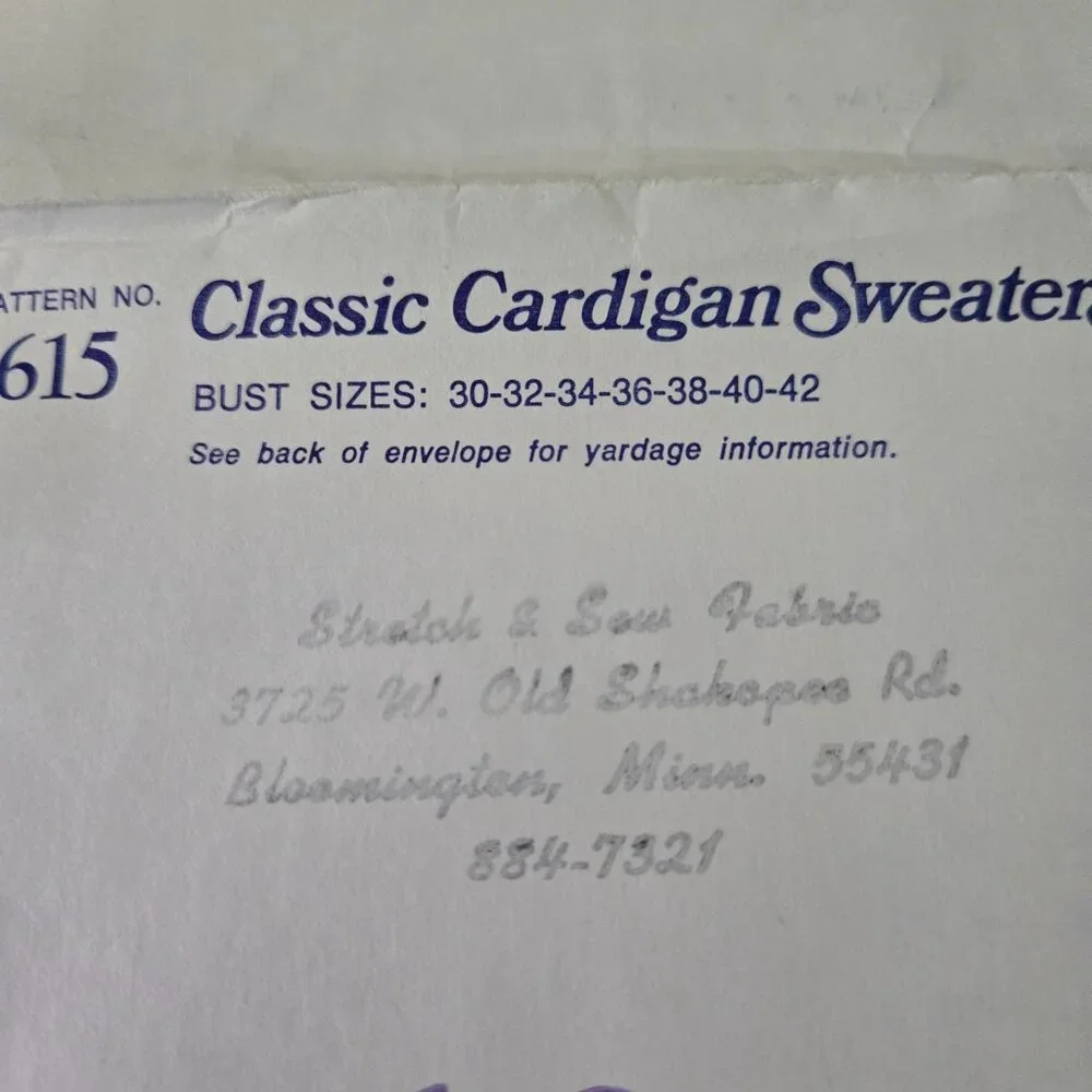 Stretch & Sew 615 sewing pattern Classic Cardigan Sweaters 70s UNCUT Vintage